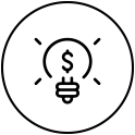 Icon showing a dollar sign inside a light bulb, enclosed in a circle